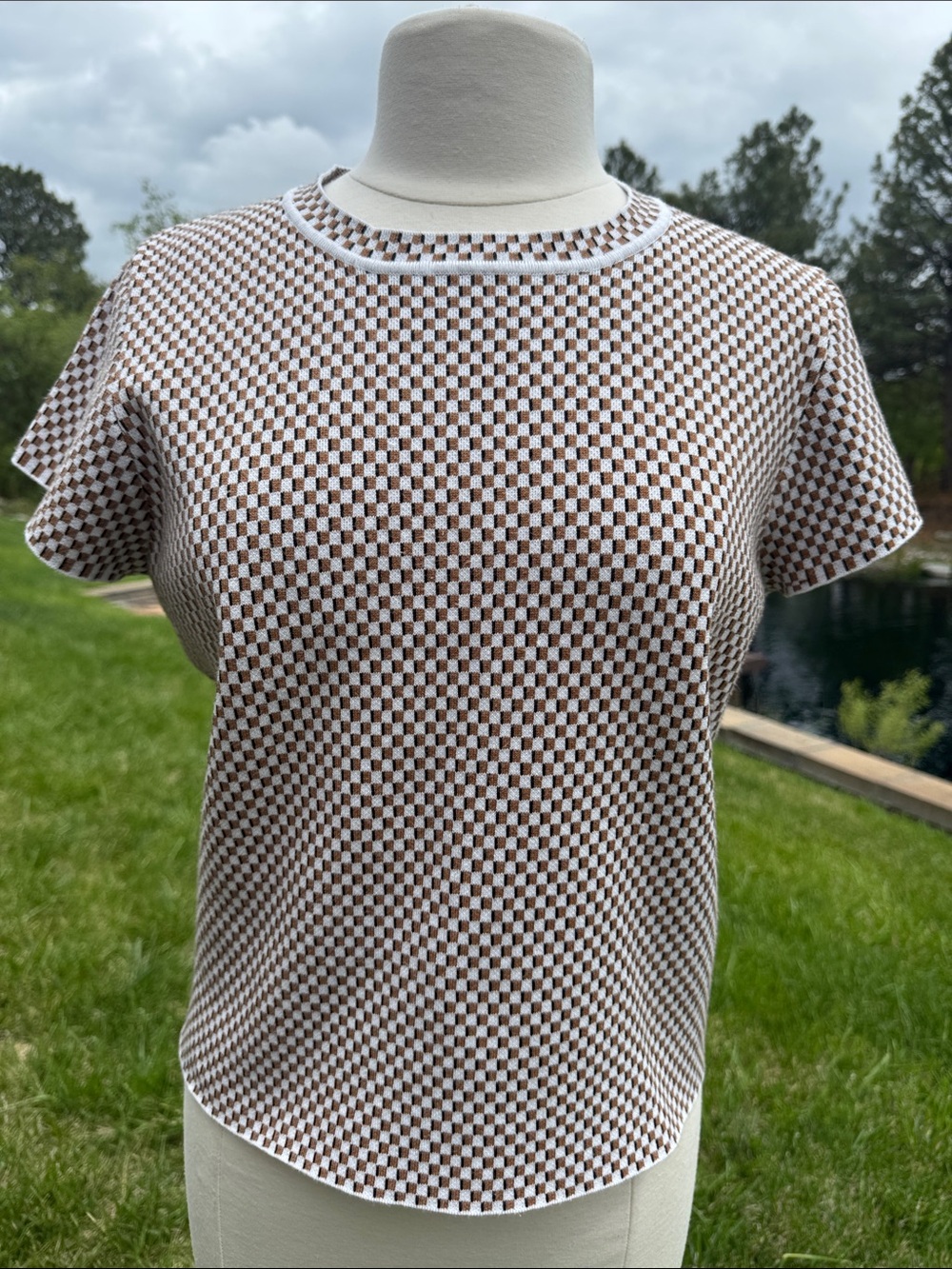 Adrianna Papell Brown and White Checker Knit Short Sleeve Top